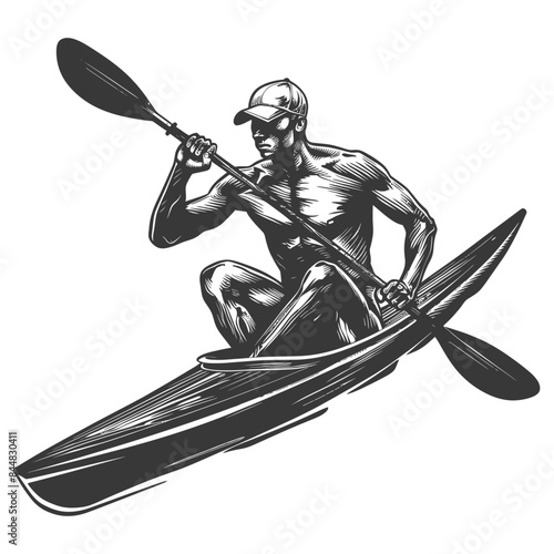 Engraved Kayaker: Muscular Man Paddling in a Canoe, Vintage Style Graphic