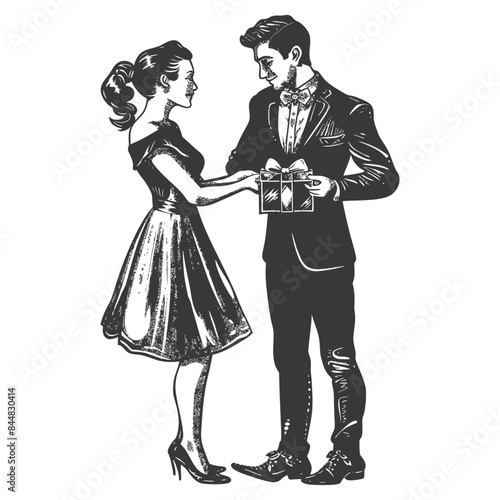 Etched Romance: Formal Couple Exchanging Gift, Vintage Style.