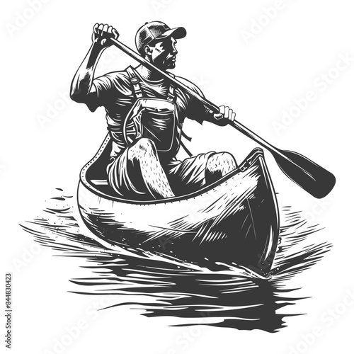 Etched Canoeist: Retro Style Man Paddling in Graphic Black and White Illustration