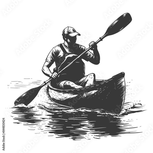 Engraved Canoeist: Water Journey, Paddle Stroke, River Adventure.
