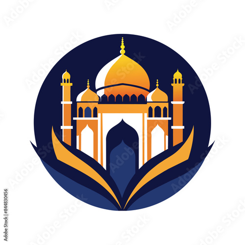 A clean and simple minimalist design of the Taj Mahal, encased in a blue circle and framed by a book-like motif, A clean design of the Taj Mahal