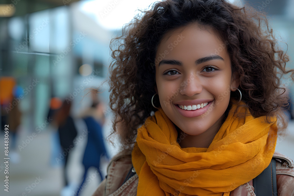 Smiling young black female student with curly hair on school campus, highlighting joy and education, perfect for back to school Smiling young black female student with curly hair on school campus, highlighting joy and education, perfect for back to school