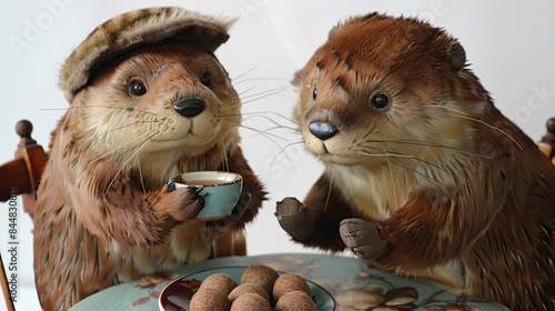Two stuffed animals sitting at a table with cups of tea or coffee. Staged scene of gophers having tea. Interior decoration with taxidermy of rodents for exhibition. Illustration for varied design.