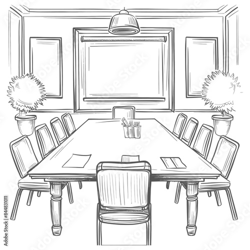 Meeting Room Sketch: Formal Table, Chairs, Topiary, and Light Fixture.