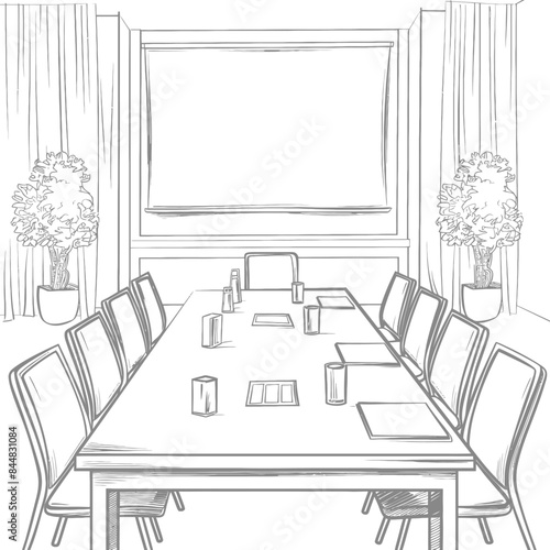 Sketch of Conference Room with Long Table, Chairs, Screen, and Plants.