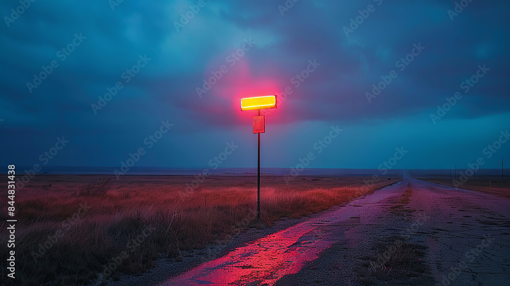 Fototapeta premium Dark stormy sky and vivid cautionary road sign at dusk