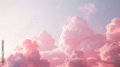 Pink clouds in a soft, pastel sky, resembling fluffy cotton candy, creating a dreamy, fantasy landscape with gentle hues