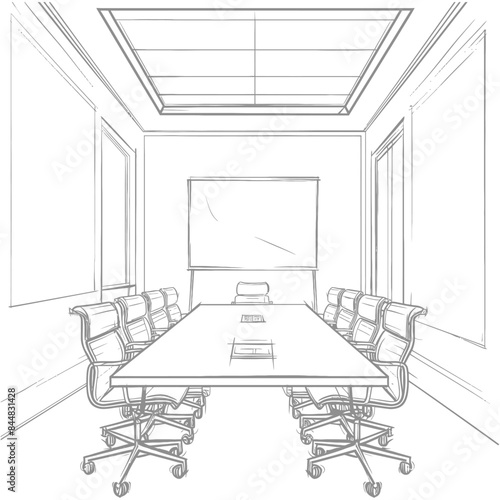 Conference Room Sketch: Linear Perspective, Boardroom Interior Design.