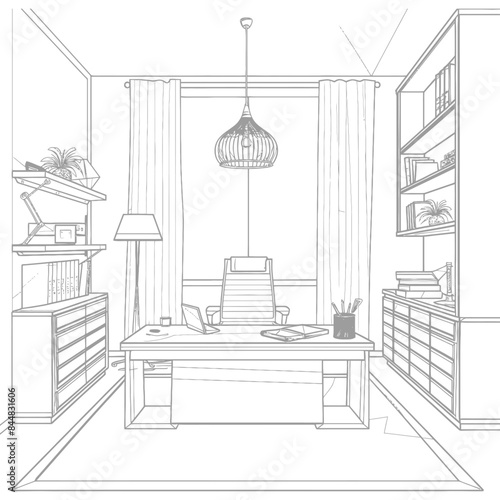 Office Interior Sketch: Desk, Curtains, Shelves, Pendant Light, Perspective Drawing.
