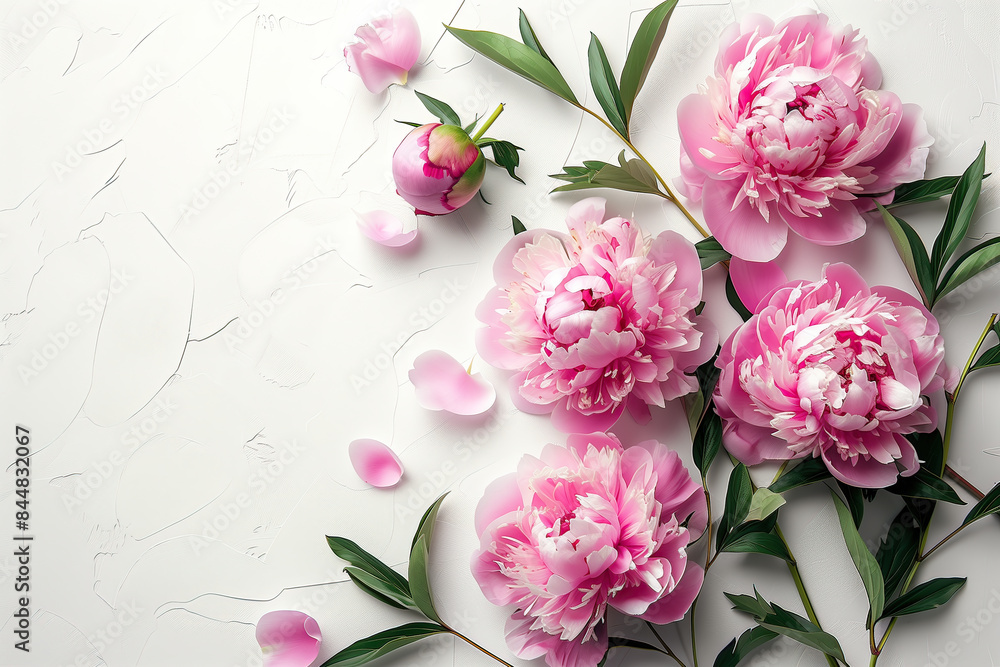 Fototapeta premium Bouquet of pink peonies on a white background with free space for text. Design for invitations, flyers for holiday, wedding, mother's day, birthday. Flower shop concept, gardening.