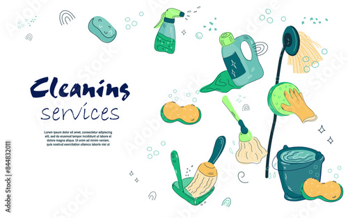 Cleaning services and supplies sale website banner design, doodle style vector illustration isolated on white background.