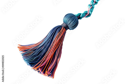 Close-up of a colorful tassel with blue and orange threads, perfect for decoration, fashion accessories, or crafts. Isolated on white background.