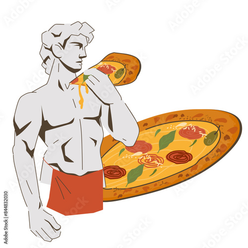 Italian marble statue of David with pizza, hand drawn vector illustration isolated on white background. Design for pizzeria and italian cuisine.