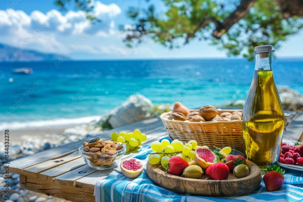 Mediterranean Beach Picnic with Fresh Fruits, Nuts, and Olive Oil by the Serene Blue Sea Mediterranean Beach Picnic with Fresh Fruits, Nuts, and Olive Oil by the Serene Blue Sea