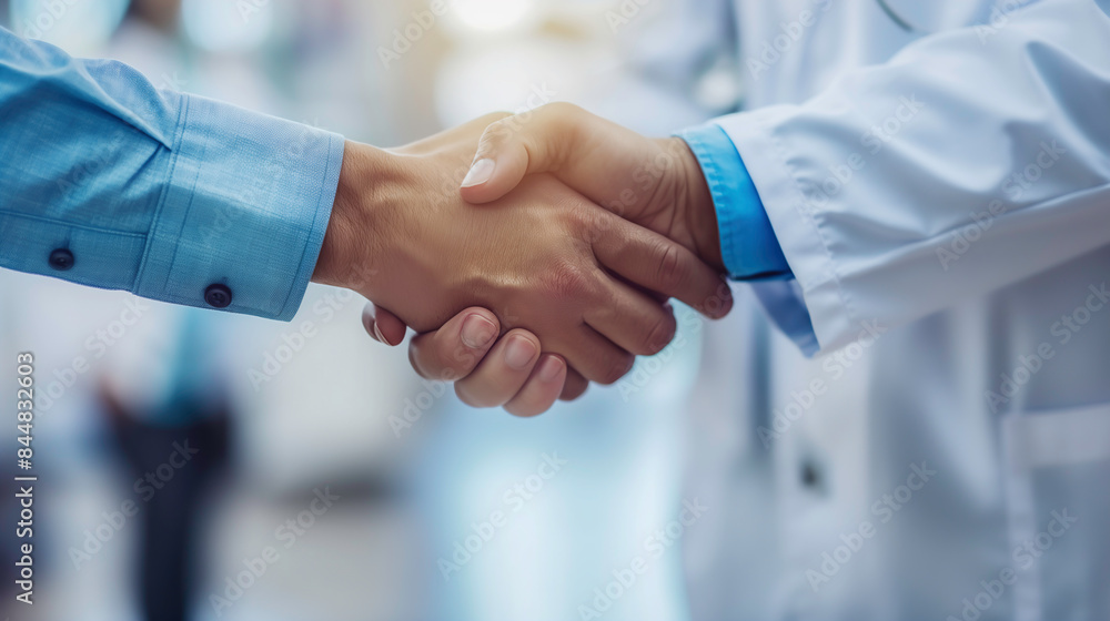 A close-up of handshake between two doctors, symbolizing a deal and working together to develop medical. A close-up of handshake between two doctors, symbolizing a deal and working together to develop medical.