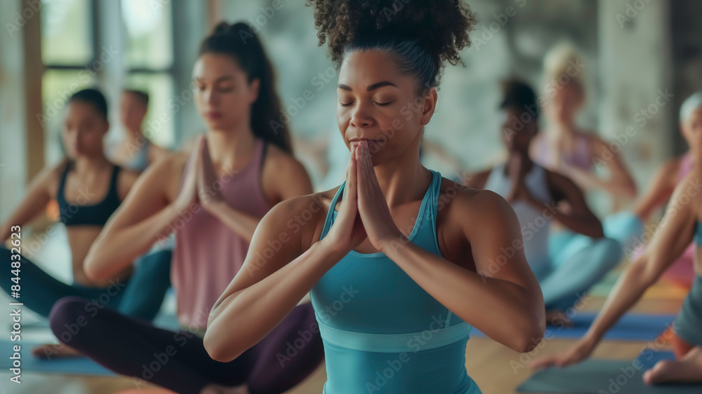 Group of diverse women in sportswear doing yoga in a gym, peaceful and promoting a sense of mindfulness and meditative aspects of yoga practice. Group of diverse women in sportswear doing yoga in a gym, peaceful and promoting a sense of mindfulness and meditative aspects of yoga practice.