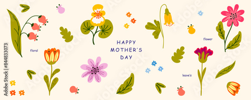 Happy Mother's Day. Vector gouache modern cute floral illustration of peony flower, rose, plant, bouquet, pattern, leaf, for greeting card, coral background, invitation or banner 