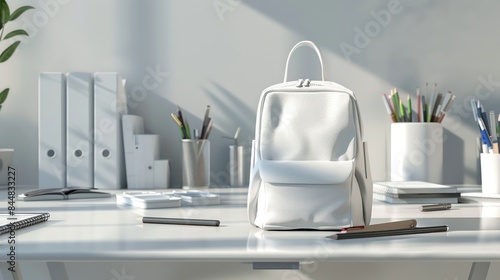 Contemporary student gear including a 3D white backpack and a variety of school supplies on a clean table