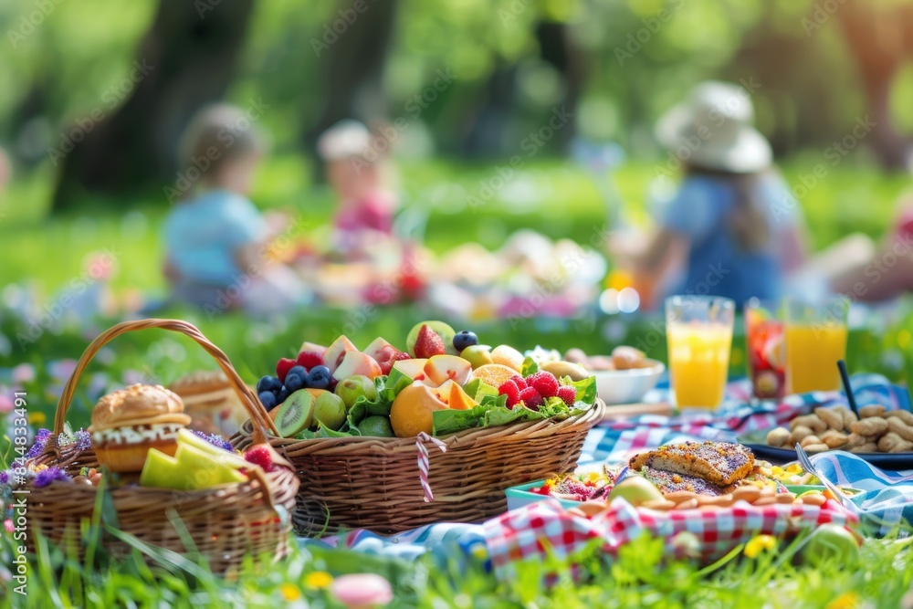 Cheerful Family Picnic with Fresh Paleo Foods in a Park - Perfect for Summer Outdoor Gatherings Cheerful Family Picnic with Fresh Paleo Foods in a Park - Perfect for Summer Outdoor Gatherings