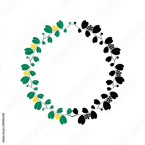 colorful illustration and stamp silhouette of a sweetheart hoya plant as a round frame.