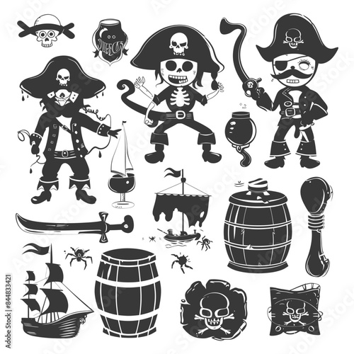 Pirate Skeleton Crew Silhouettes: Vintage Cartoon Illustration Elements