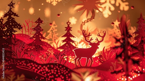 Festive red papercut style Christmas greeting card © AkuAku