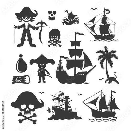 Pirate Silhouettes: Cartoon Jolly Roger, Ships, Treasure, and Palm Tree Icons Collection.