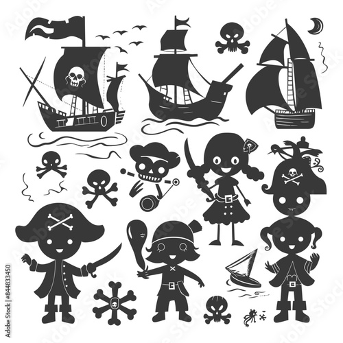 Whimsical Pirate Silhouettes: Ships, Kids, Skulls & Crossbones, Vector Set.
