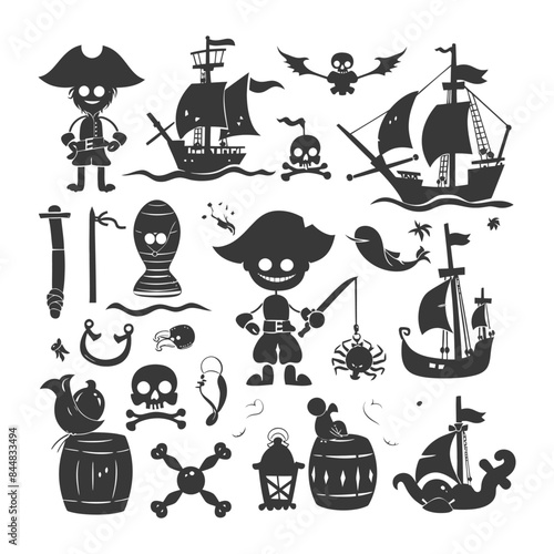 Pirate Adventure Silhouettes: Cartoon Pirates, Ships, and Sea Life Icons Collection.