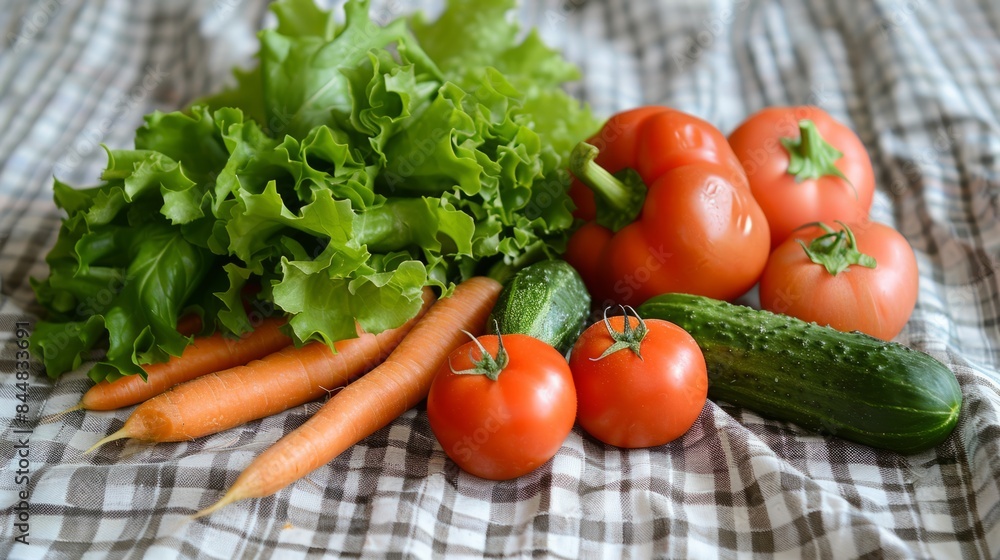 fresh salad ingredients, such as lettuce, tomatoes, cucumbers and carrots, on the mantelpiece. generative ai fresh salad ingredients, such as lettuce, tomatoes, cucumbers and carrots, on the mantelpiece. generative ai