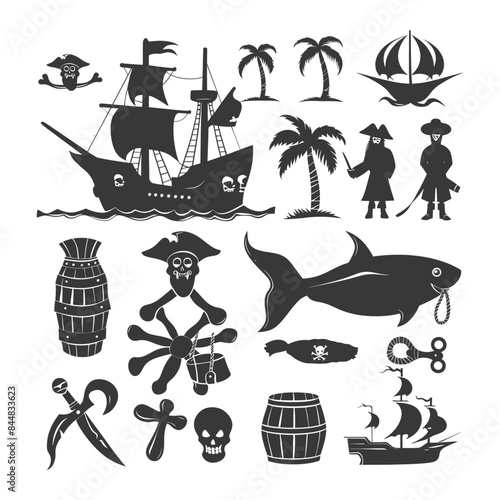 Pirate Adventure Silhouettes: Ship, Skull, Shark, and Tropical Island Elements Collection