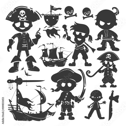 Pirate Cartoon Silhouettes: Jolly Roger Crew, Ships, and Skull Icons, Vector Illustration Set