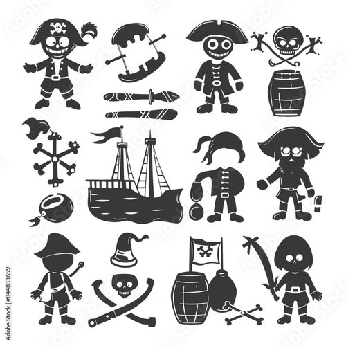 Pirate Cartoon Silhouettes: Ship, Treasure, and Jolly Roger Icons Set.