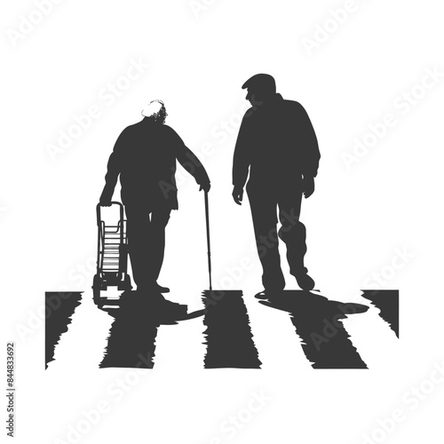 Elderly Couple's Silhouette Crossing Street: Zebra Stripes, Cane, and Shopping Trolley.