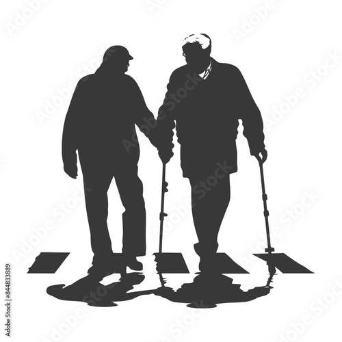 Elderly Support: Silhouette of Two Seniors with Canes, Crossing Zebra Stripes.
