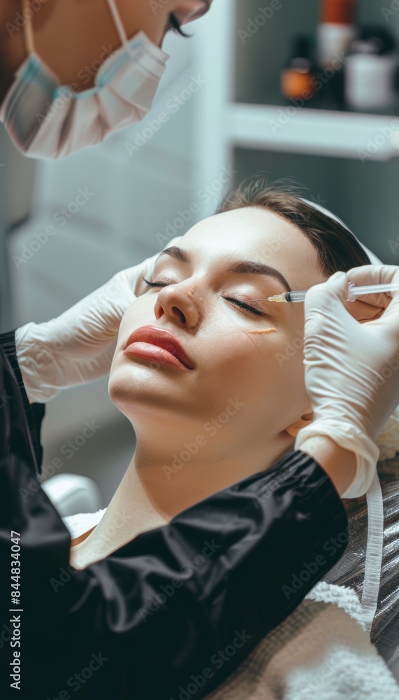 Fototapeta premium Professional Nasolabial Fold Filler Injections in Modern Clinic Environment for Enhanced Facial Aesthetics