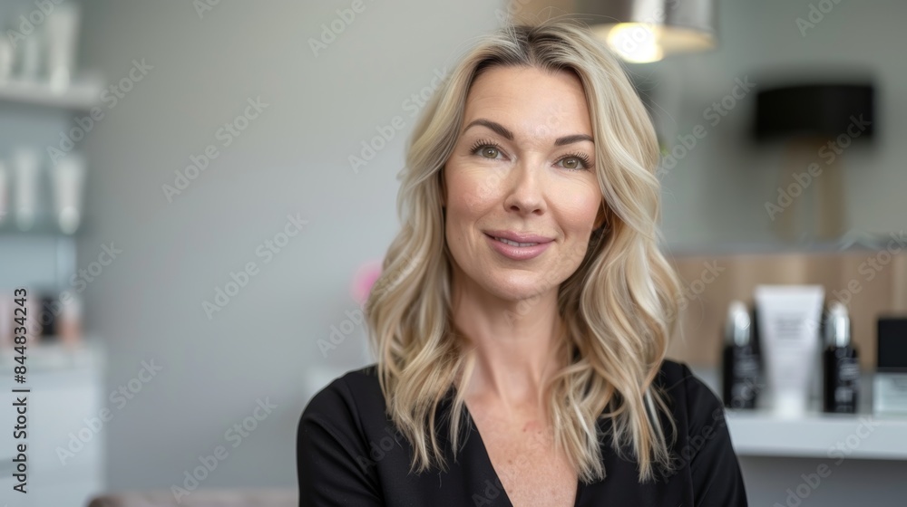 Woman After Filler Treatment in Modern Clinic Interior - Confidence and Joy Woman After Filler Treatment in Modern Clinic Interior - Confidence and Joy