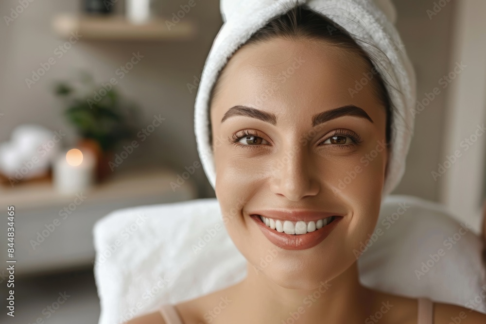 Smiling Woman Post-Mesotherapy Session in Modern Clinic with Radiant Skin, Happy Client Smiling Woman Post-Mesotherapy Session in Modern Clinic with Radiant Skin, Happy Client
