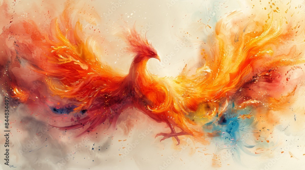 Obraz premium Majestic Phoenix Reborn: A Fantasy Watercolor Illustration of the Mythical Bird Emerging from Vibrant Flames