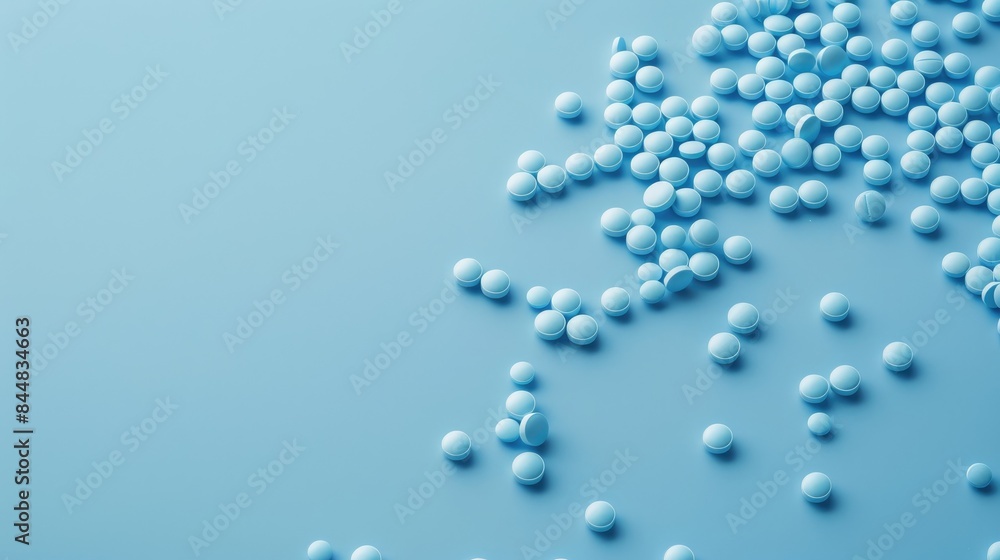Blue pills scattered on a blue table for promotion in medical branding or web design with space for text or logo Blue pills scattered on a blue table for promotion in medical branding or web design with space for text or logo