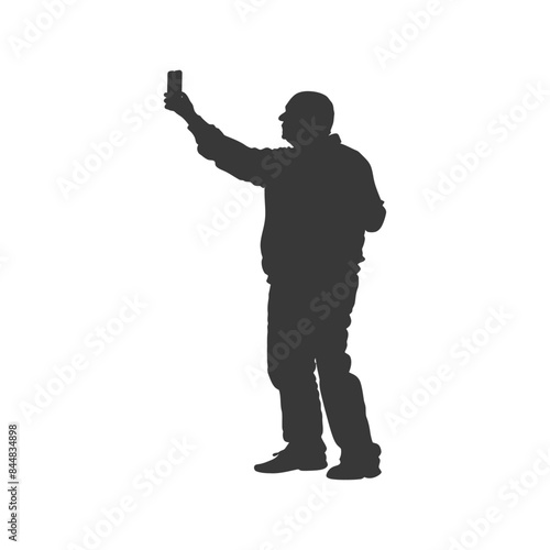 Silhouette of man taking selfie with smartphone on white background.