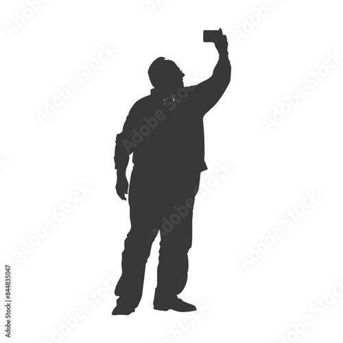 Silhouette Selfie: Man with Phone Held High, Full Body.