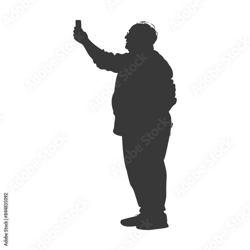 Silhouette of Overweight Man Taking Selfie with Phone.