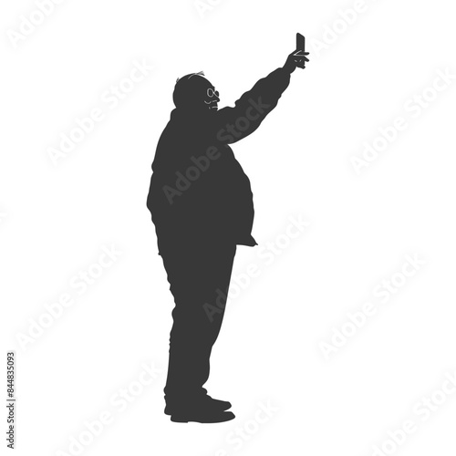 Silhouette Selfie: Overweight Man Taking Photo with Phone, Arm Raised, White Background