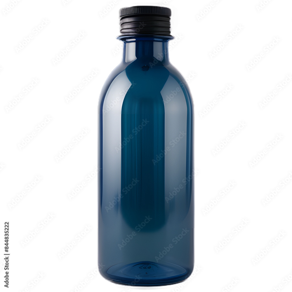 A sleek, blue glass bottle with a black screw cap. A sleek, blue glass bottle with a black screw cap.