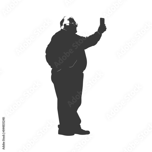 Silhouetted Man with Headphones Taking Smartphone Selfie, Full Body Profile on White.
