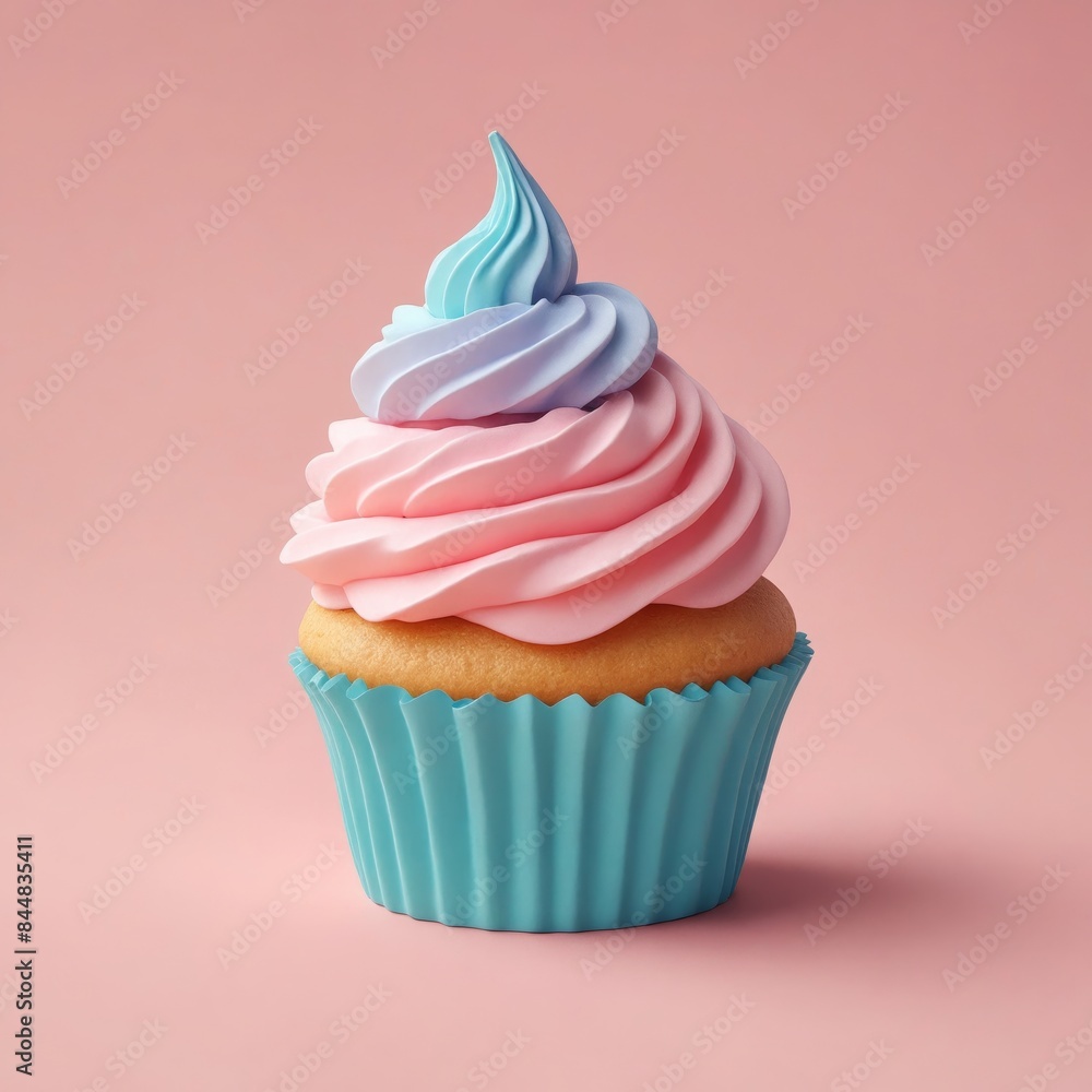 A cupcake with pink and blue frosting on pink background A cupcake with pink and blue frosting on pink background
