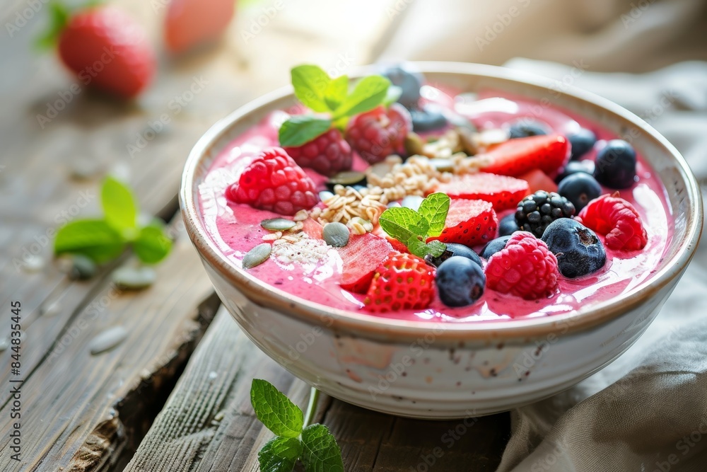 Vibrant Paleo Smoothie Bowl with Fresh Berries, Nuts, and Seeds on Rustic Wooden Table Vibrant Paleo Smoothie Bowl with Fresh Berries, Nuts, and Seeds on Rustic Wooden Table