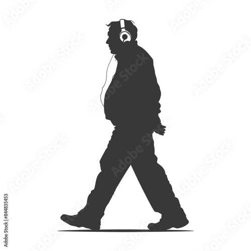 Silhouetted Walker: Headphones, Casual Stride, Isolated Figure.