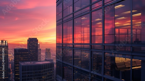 Against a backdrop of muted skysers and city lights a hazy sunset paints the evening sky in shades of pink and orange. The tranquil view from the office captures the essence of the . photo